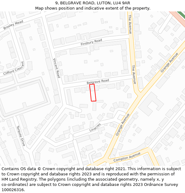 9, BELGRAVE ROAD, LUTON, LU4 9AR: Location map and indicative extent of plot