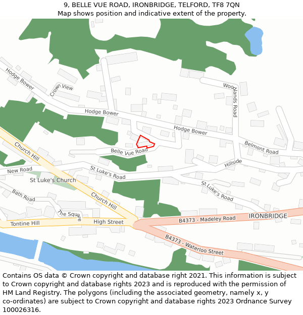 9, BELLE VUE ROAD, IRONBRIDGE, TELFORD, TF8 7QN: Location map and indicative extent of plot