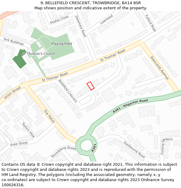 9, BELLEFIELD CRESCENT, TROWBRIDGE, BA14 8SR: Location map and indicative extent of plot