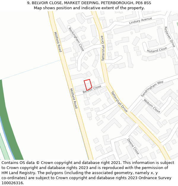 9, BELVOIR CLOSE, MARKET DEEPING, PETERBOROUGH, PE6 8SS: Location map and indicative extent of plot