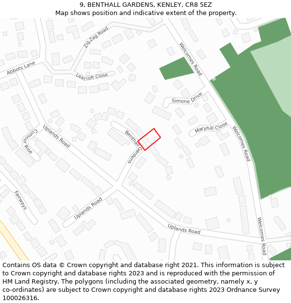 9, BENTHALL GARDENS, KENLEY, CR8 5EZ: Location map and indicative extent of plot