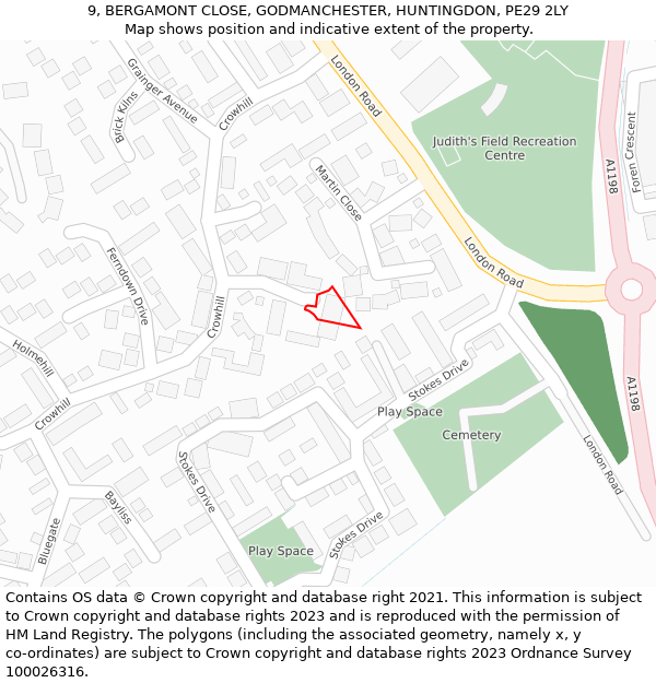 9, BERGAMONT CLOSE, GODMANCHESTER, HUNTINGDON, PE29 2LY: Location map and indicative extent of plot