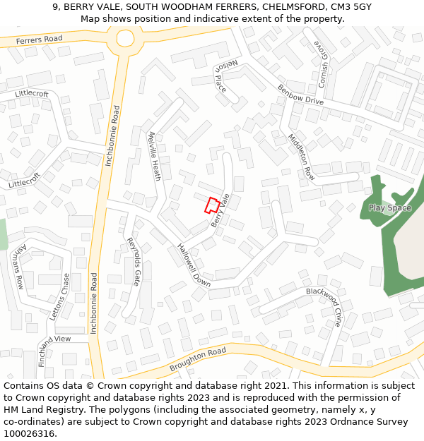 9, BERRY VALE, SOUTH WOODHAM FERRERS, CHELMSFORD, CM3 5GY: Location map and indicative extent of plot