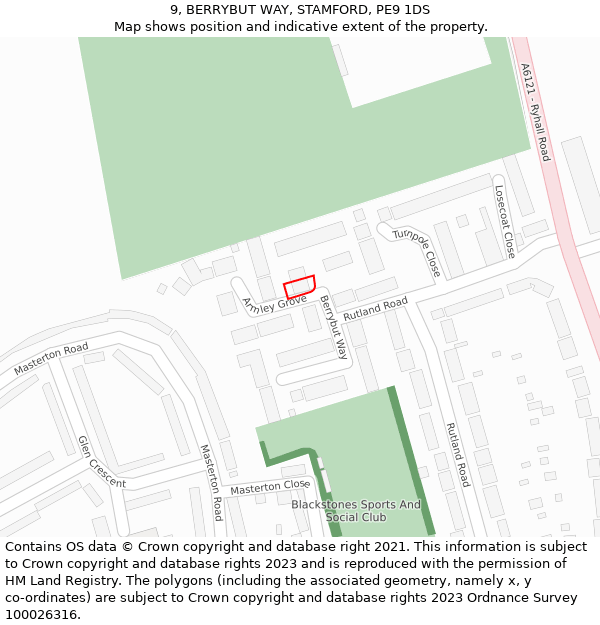 9, BERRYBUT WAY, STAMFORD, PE9 1DS: Location map and indicative extent of plot