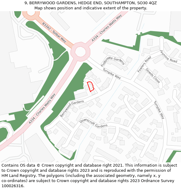 9, BERRYWOOD GARDENS, HEDGE END, SOUTHAMPTON, SO30 4QZ: Location map and indicative extent of plot