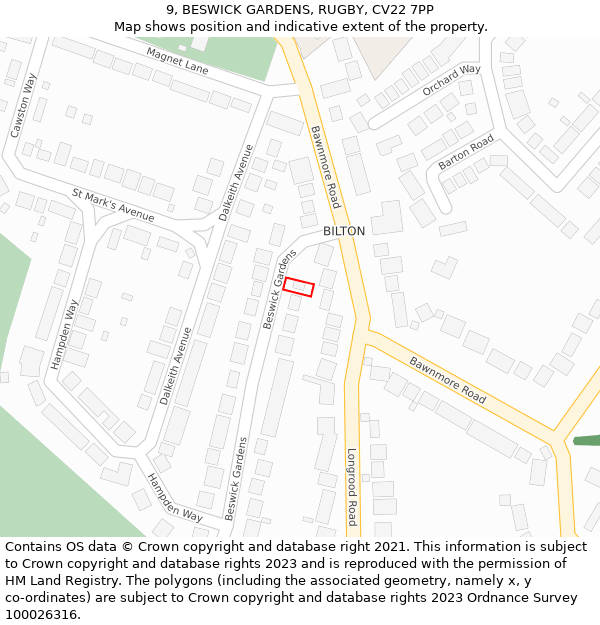 9, BESWICK GARDENS, RUGBY, CV22 7PP: Location map and indicative extent of plot