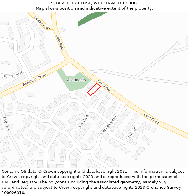 9, BEVERLEY CLOSE, WREXHAM, LL13 0QG: Location map and indicative extent of plot
