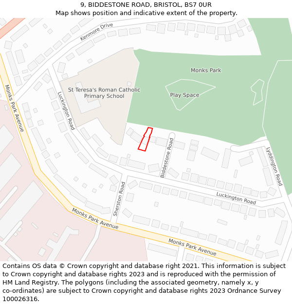 9, BIDDESTONE ROAD, BRISTOL, BS7 0UR: Location map and indicative extent of plot
