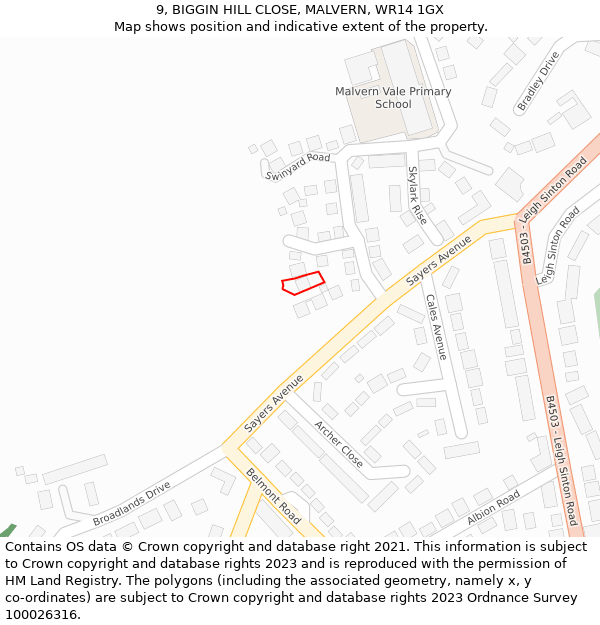9, BIGGIN HILL CLOSE, MALVERN, WR14 1GX: Location map and indicative extent of plot