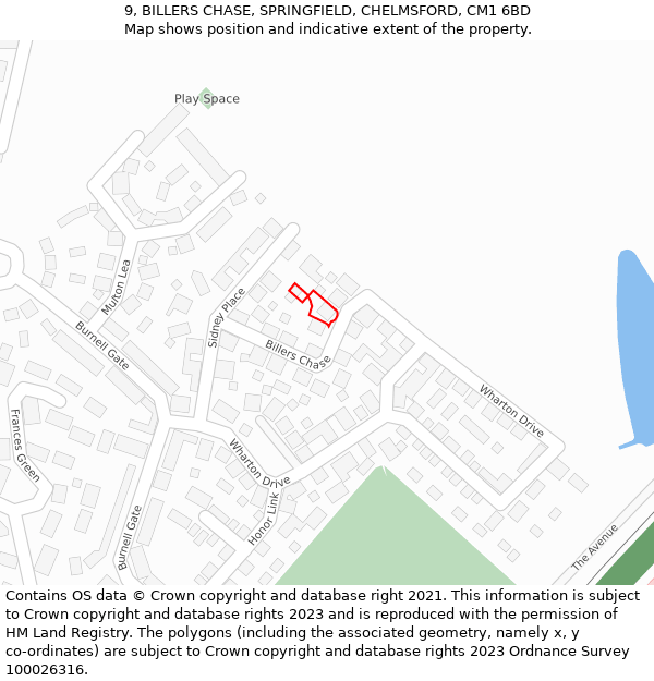 9, BILLERS CHASE, SPRINGFIELD, CHELMSFORD, CM1 6BD: Location map and indicative extent of plot