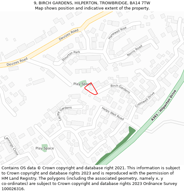 9, BIRCH GARDENS, HILPERTON, TROWBRIDGE, BA14 7TW: Location map and indicative extent of plot