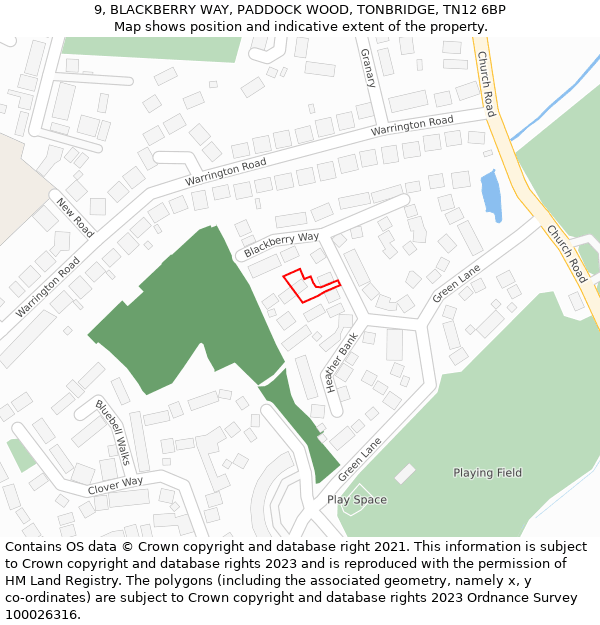 9, BLACKBERRY WAY, PADDOCK WOOD, TONBRIDGE, TN12 6BP: Location map and indicative extent of plot