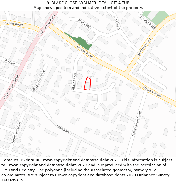 9, BLAKE CLOSE, WALMER, DEAL, CT14 7UB: Location map and indicative extent of plot