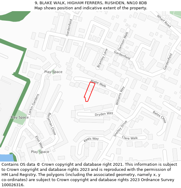 9, BLAKE WALK, HIGHAM FERRERS, RUSHDEN, NN10 8DB: Location map and indicative extent of plot