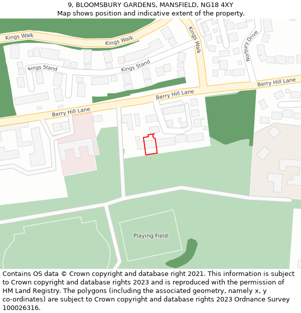 9, BLOOMSBURY GARDENS, MANSFIELD, NG18 4XY: Location map and indicative extent of plot