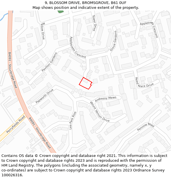 9, BLOSSOM DRIVE, BROMSGROVE, B61 0UF: Location map and indicative extent of plot