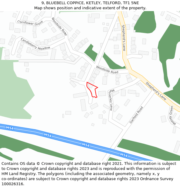 9, BLUEBELL COPPICE, KETLEY, TELFORD, TF1 5NE: Location map and indicative extent of plot