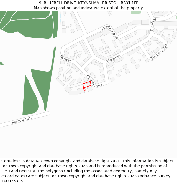 9, BLUEBELL DRIVE, KEYNSHAM, BRISTOL, BS31 1FP: Location map and indicative extent of plot