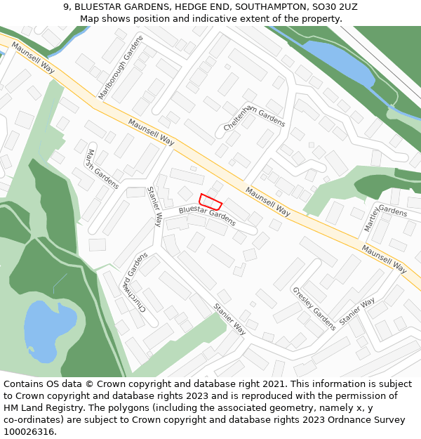 9, BLUESTAR GARDENS, HEDGE END, SOUTHAMPTON, SO30 2UZ: Location map and indicative extent of plot