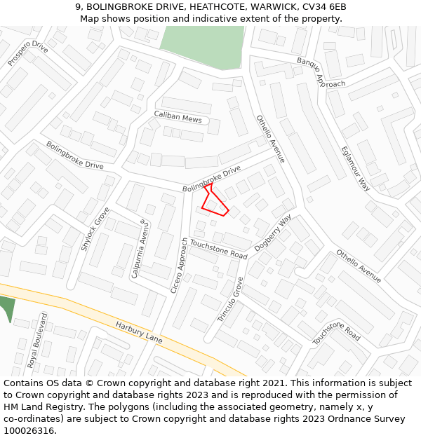 9, BOLINGBROKE DRIVE, HEATHCOTE, WARWICK, CV34 6EB: Location map and indicative extent of plot