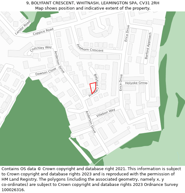 9, BOLYFANT CRESCENT, WHITNASH, LEAMINGTON SPA, CV31 2RH: Location map and indicative extent of plot