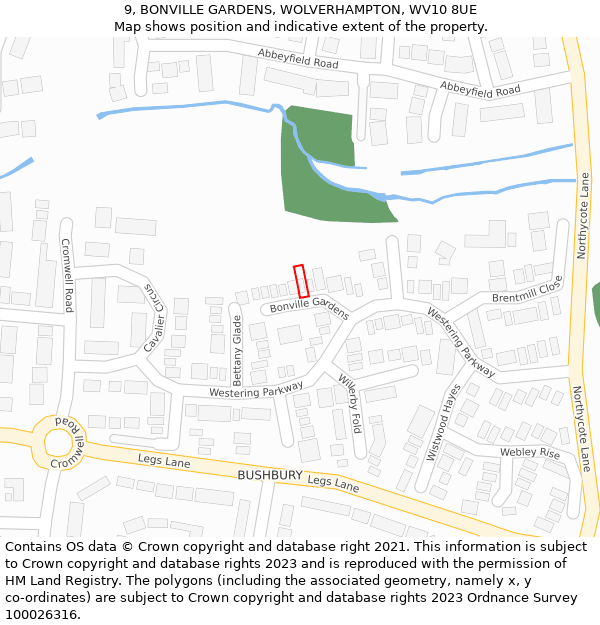 9, BONVILLE GARDENS, WOLVERHAMPTON, WV10 8UE: Location map and indicative extent of plot