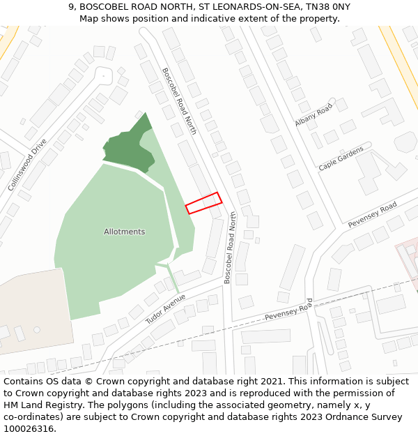 9, BOSCOBEL ROAD NORTH, ST LEONARDS-ON-SEA, TN38 0NY: Location map and indicative extent of plot