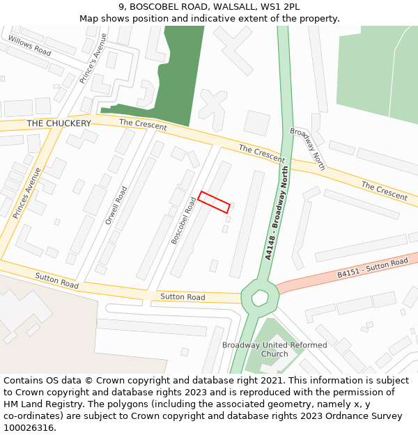 9, BOSCOBEL ROAD, WALSALL, WS1 2PL: Location map and indicative extent of plot