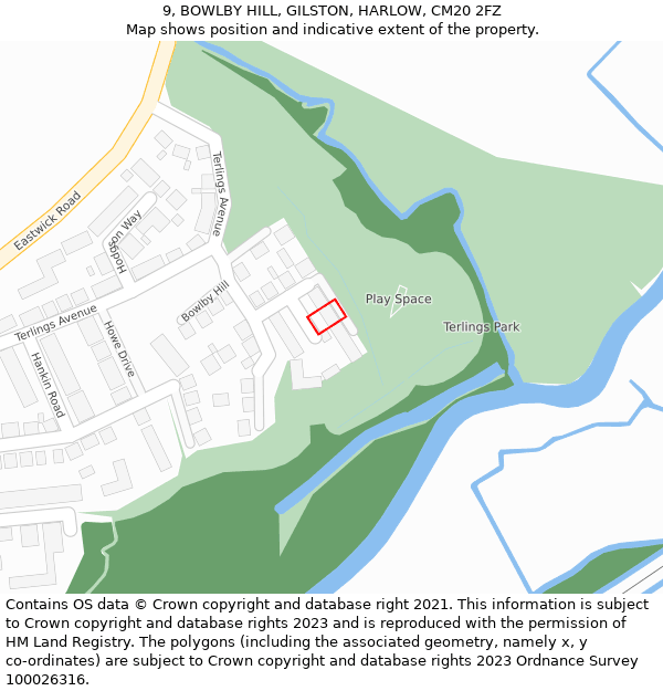 9, BOWLBY HILL, GILSTON, HARLOW, CM20 2FZ: Location map and indicative extent of plot