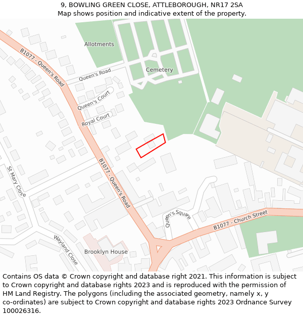 9, BOWLING GREEN CLOSE, ATTLEBOROUGH, NR17 2SA: Location map and indicative extent of plot