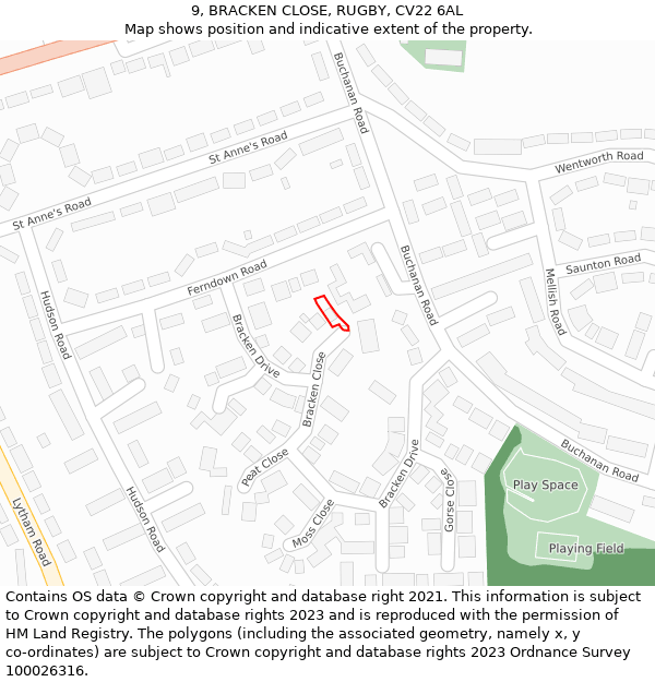 9, BRACKEN CLOSE, RUGBY, CV22 6AL: Location map and indicative extent of plot