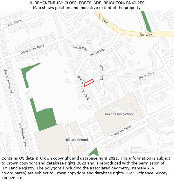 9, BRACKENBURY CLOSE, PORTSLADE, BRIGHTON, BN41 2ES: Location map and indicative extent of plot
