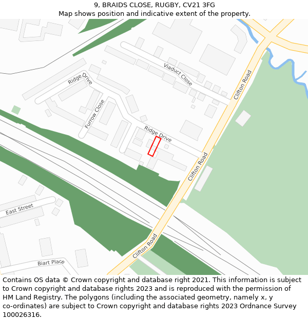 9, BRAIDS CLOSE, RUGBY, CV21 3FG: Location map and indicative extent of plot