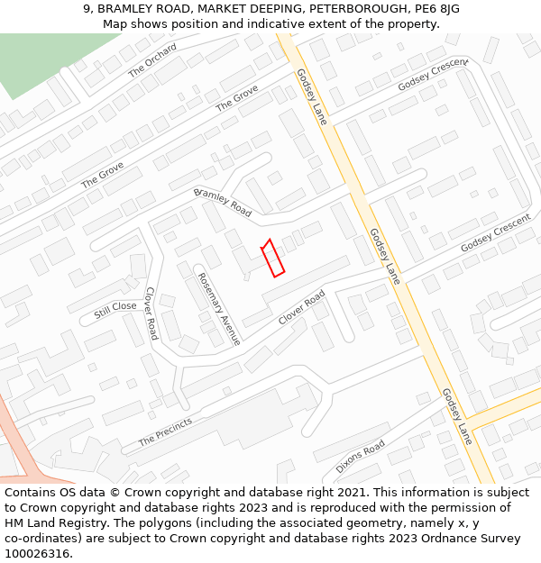 9, BRAMLEY ROAD, MARKET DEEPING, PETERBOROUGH, PE6 8JG: Location map and indicative extent of plot