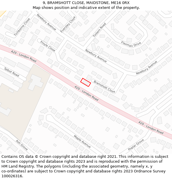 9, BRAMSHOTT CLOSE, MAIDSTONE, ME16 0RX: Location map and indicative extent of plot