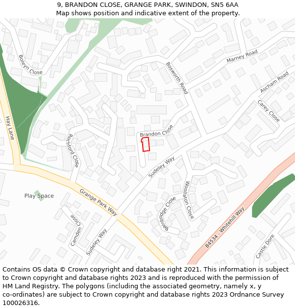 9, BRANDON CLOSE, GRANGE PARK, SWINDON, SN5 6AA: Location map and indicative extent of plot