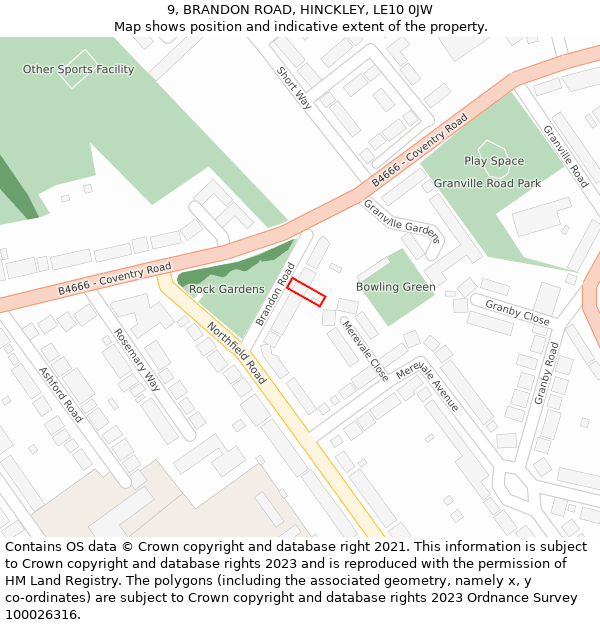 9, BRANDON ROAD, HINCKLEY, LE10 0JW: Location map and indicative extent of plot