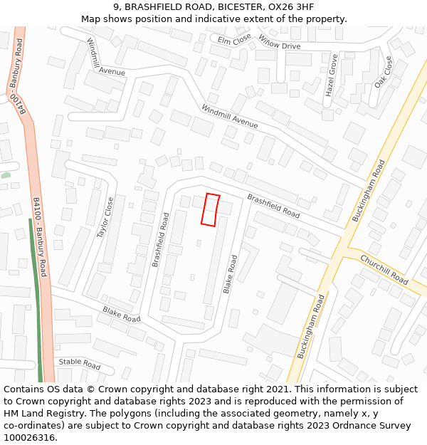 9, BRASHFIELD ROAD, BICESTER, OX26 3HF: Location map and indicative extent of plot