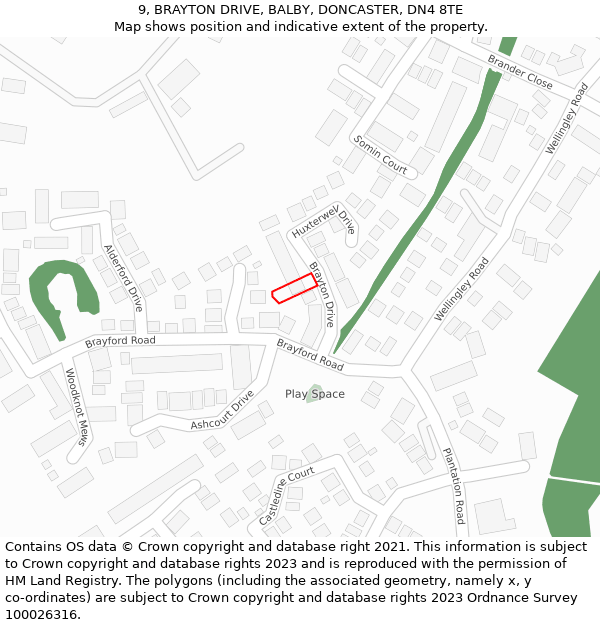 9, BRAYTON DRIVE, BALBY, DONCASTER, DN4 8TE: Location map and indicative extent of plot