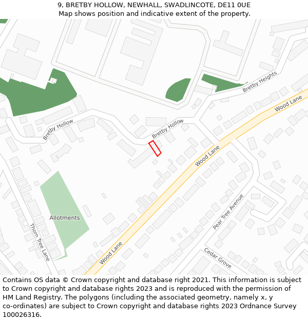 9, BRETBY HOLLOW, NEWHALL, SWADLINCOTE, DE11 0UE: Location map and indicative extent of plot