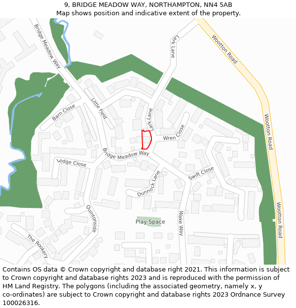 9, BRIDGE MEADOW WAY, NORTHAMPTON, NN4 5AB: Location map and indicative extent of plot