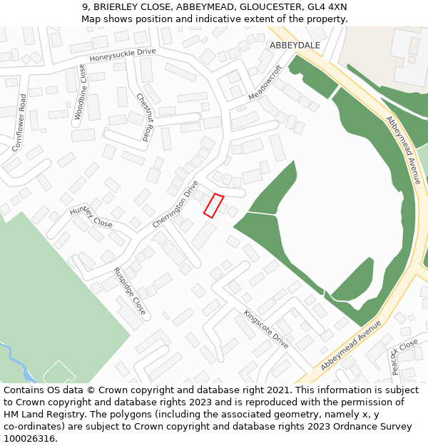 9, BRIERLEY CLOSE, ABBEYMEAD, GLOUCESTER, GL4 4XN: Location map and indicative extent of plot