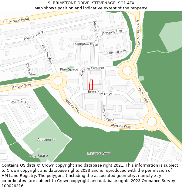 9, BRIMSTONE DRIVE, STEVENAGE, SG1 4FX: Location map and indicative extent of plot