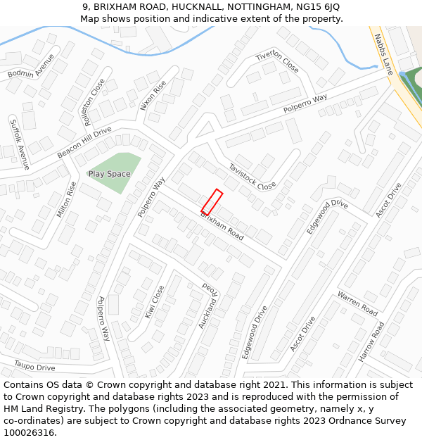 9, BRIXHAM ROAD, HUCKNALL, NOTTINGHAM, NG15 6JQ: Location map and indicative extent of plot