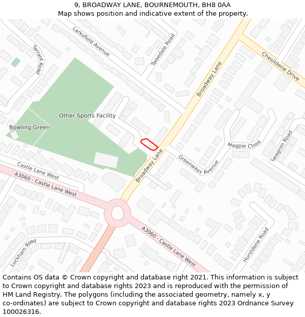 9, BROADWAY LANE, BOURNEMOUTH, BH8 0AA: Location map and indicative extent of plot