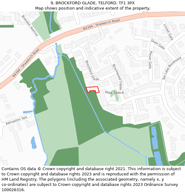 9, BROCKFORD GLADE, TELFORD, TF1 3PX: Location map and indicative extent of plot