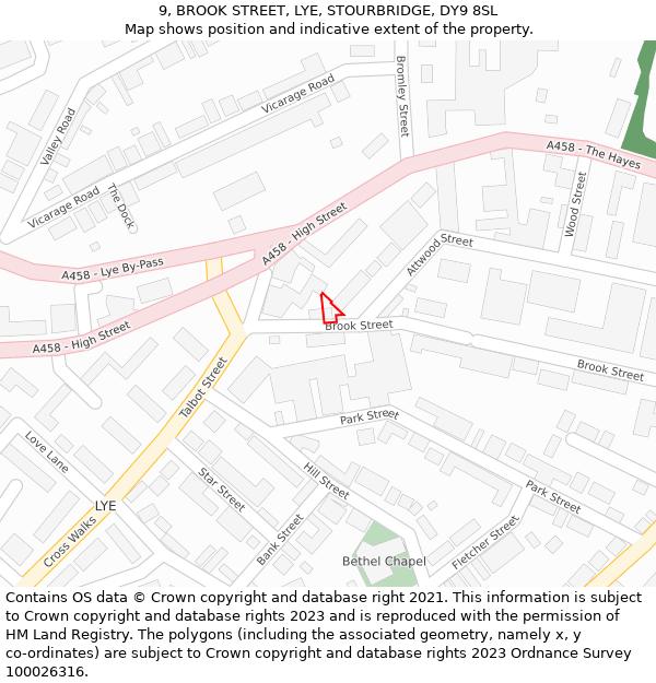 9, BROOK STREET, LYE, STOURBRIDGE, DY9 8SL: Location map and indicative extent of plot