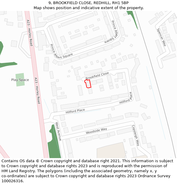 9, BROOKFIELD CLOSE, REDHILL, RH1 5BP: Location map and indicative extent of plot