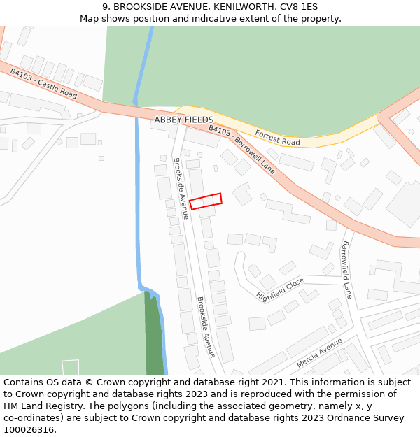 9, BROOKSIDE AVENUE, KENILWORTH, CV8 1ES: Location map and indicative extent of plot