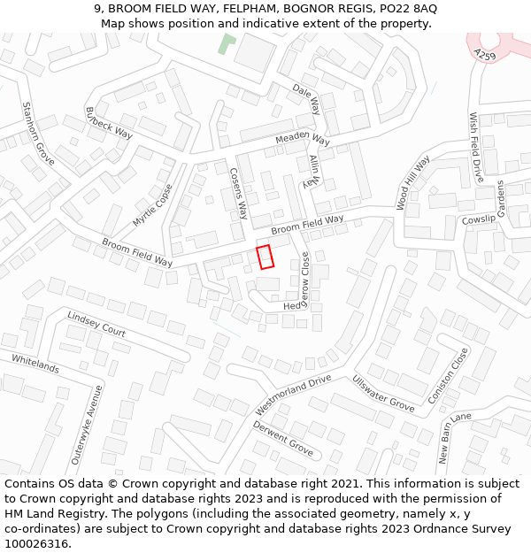 9, BROOM FIELD WAY, FELPHAM, BOGNOR REGIS, PO22 8AQ: Location map and indicative extent of plot